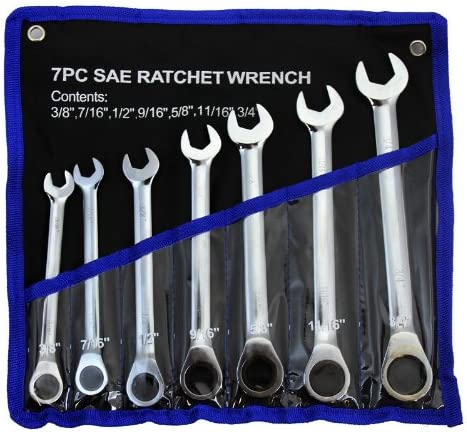 7PC Standard SAE Ratcheting Wrench Set With Black Travel Case Included