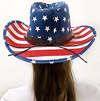 Voyager Tools Patriotic Cowboy Hat USA Flag Straw Mardi Gras Summer Spring Sturdy Unisex (Stars and Stripes)