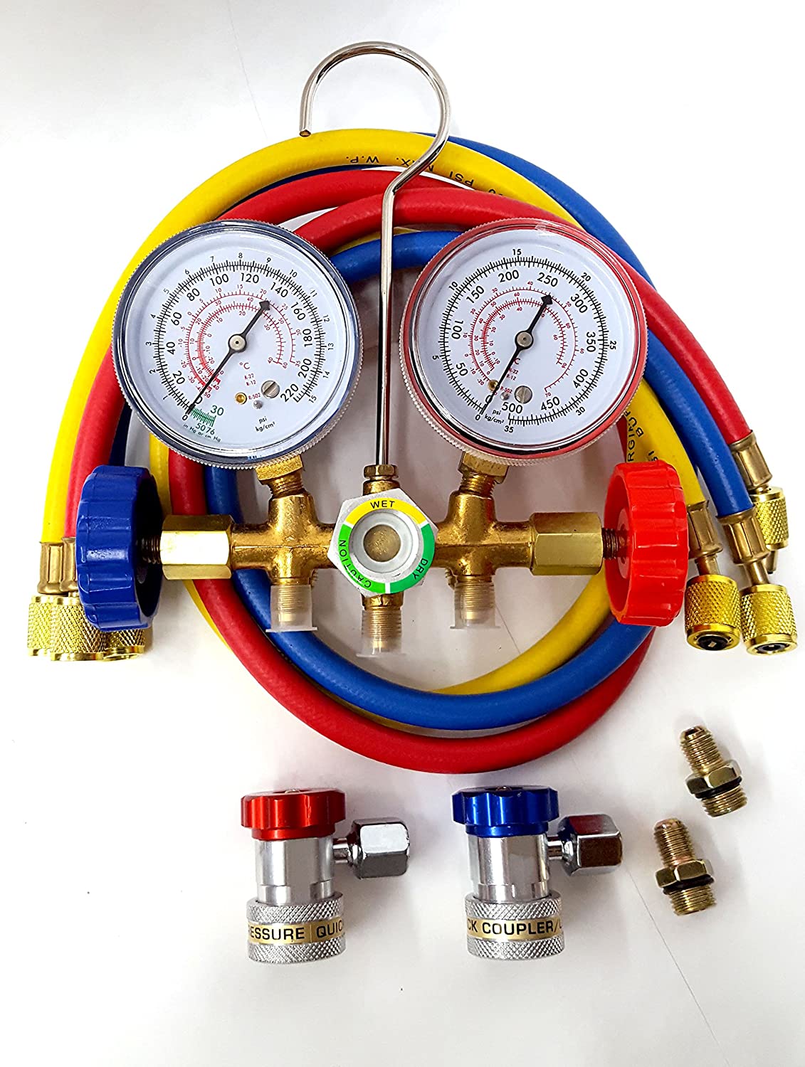 A/C Manifold Gauge And Hose Set With 3PC Quick Coupler Connectors Color Coded